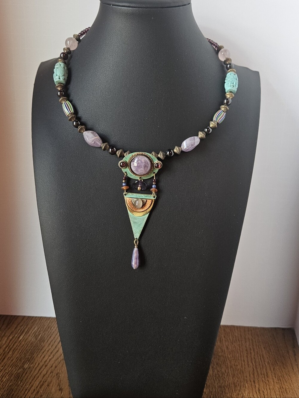 Vintage Artisan Necklace Choker Egyptian Revival Amethyst Cabochon